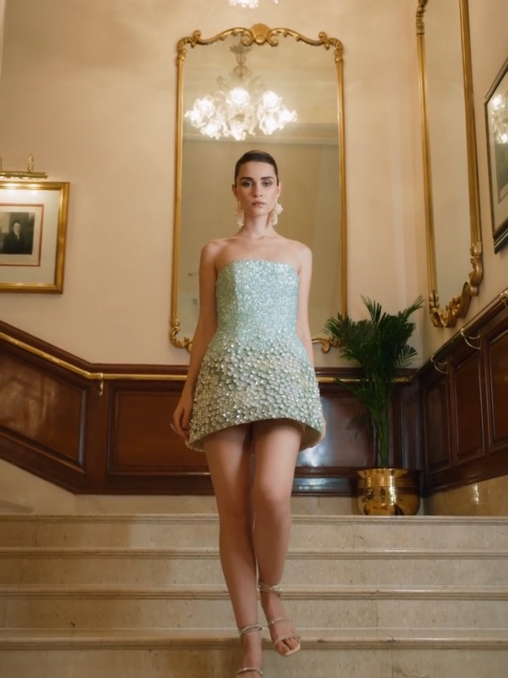 Strapless Aqua Floral Appliqué Mini Dress - Picture 12 of 14